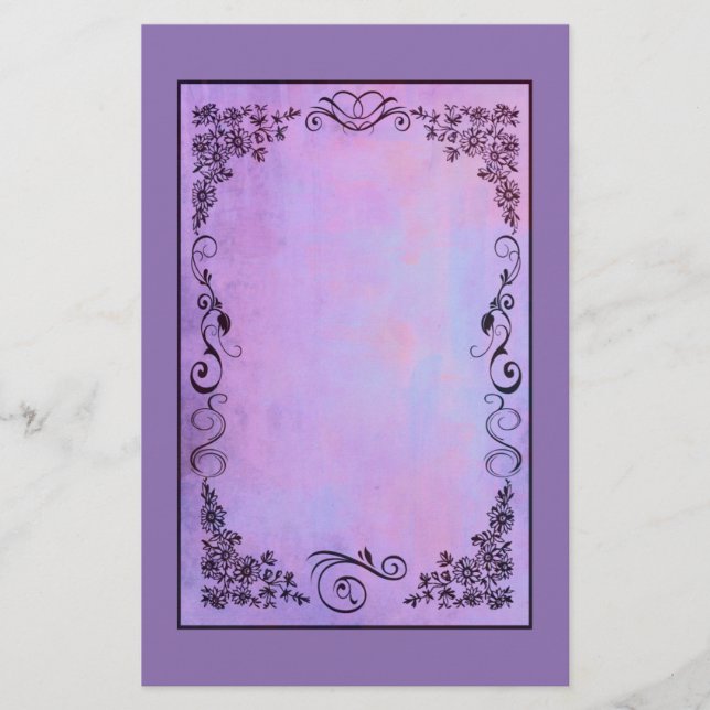Purple Fancy Frame on a Lavender Background Stationery (Front)