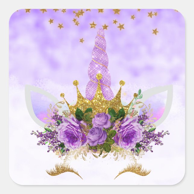 Purple Fantasy and Golden Stars Unicorn Square Sticker (Front)