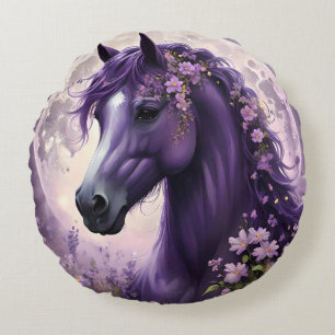 Purple Fantasy Horse Moon Flowers, Round Cushion