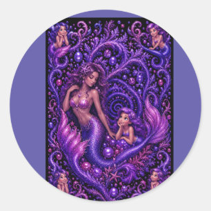 Purple Fantasy Mermaid Duo Ocean Dream Art Poster Classic Round Sticker