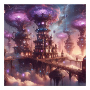 Purple Fantasy Steampunk City Photo Print