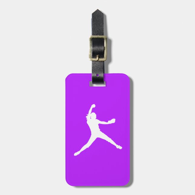Purple Fastpitch Silhouette Luggage Tag (Front Vertical)