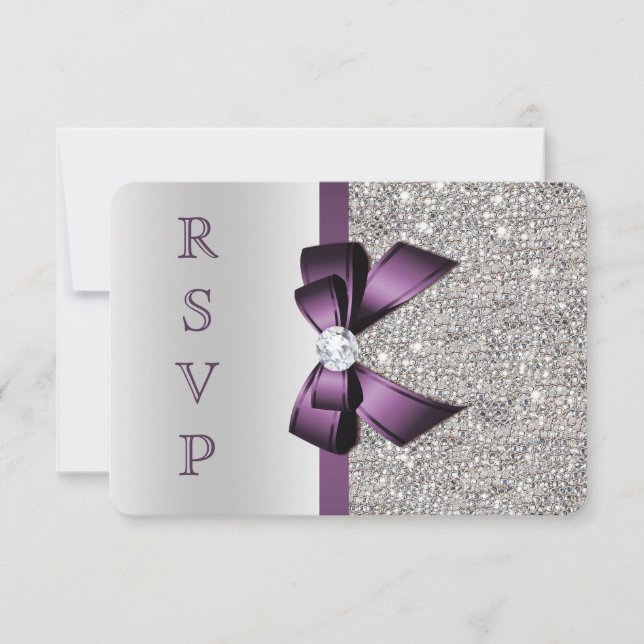 Purple Faux Bow Silver Sequins Diamond RSVP Card (Front)