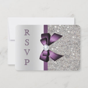 Purple Faux Bow Silver Sequins Diamond RSVP Card