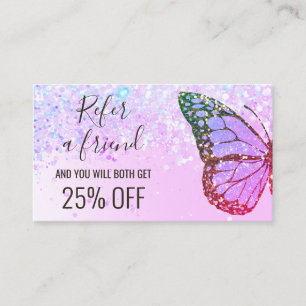 purple faux glitter butterfly refer a friend business card