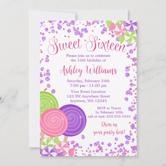 Purple Faux Glitter Candy Theme Sweet 16 Invitation (Front)