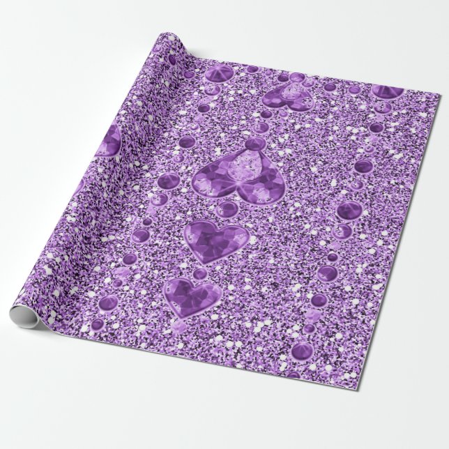 Purple Faux Glitter & Heart Droplets Wrapping Paper (Unrolled)
