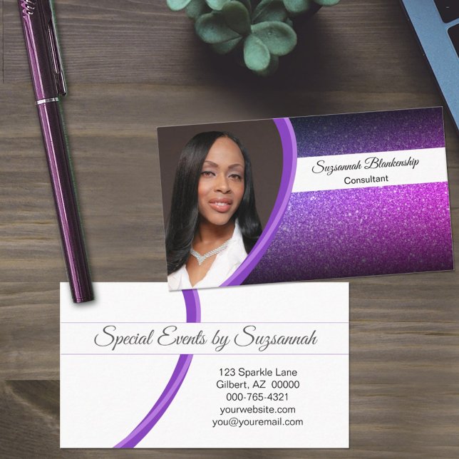 Purple Faux Glitter Professional Custom Photo  Business Card (Creator Uploaded)