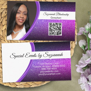 Purple Faux Glitter Professional Photo QR Code Business Card