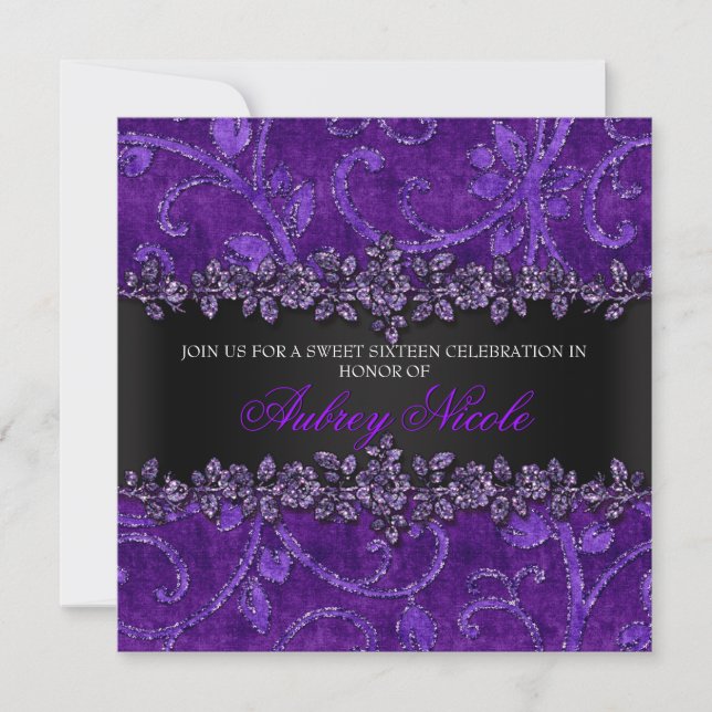 Purple Faux Glitter & Velvet Floral Sweet Sixteen Invitation (Front)
