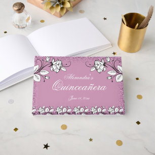 Purple Faux Glitter White Rose Elegant Quinceanera Guest Book