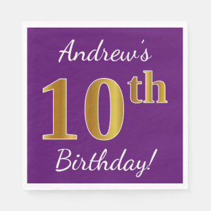 Purple, Faux Gold 10th Birthday + Custom Name Napkin