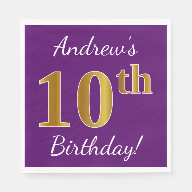 Purple, Faux Gold 10th Birthday + Custom Name Napkin (Front)