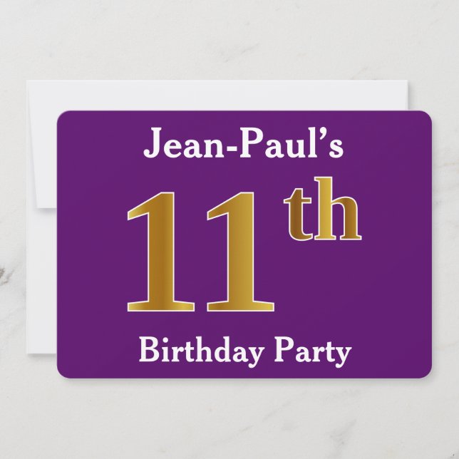 Purple, Faux Gold 11th Birthday Party; Custom Name Invitation (Front)