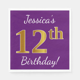Purple, Faux Gold 12th Birthday + Custom Name Napkin