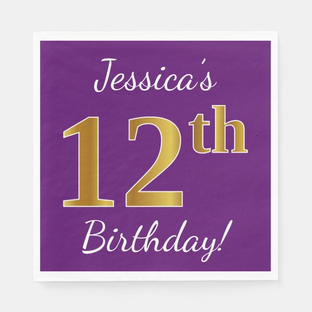 Purple, Faux Gold 12th Birthday + Custom Name Napkin (Front)