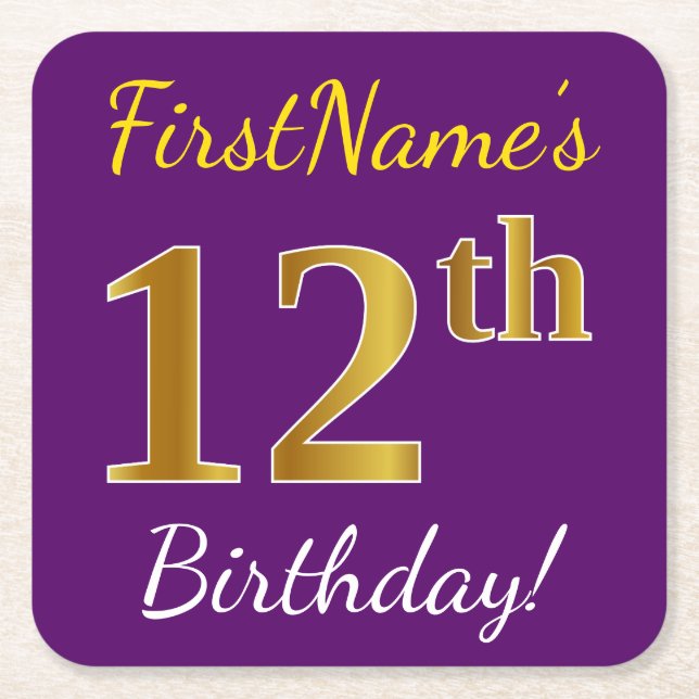 Purple, Faux Gold 12th Birthday + Custom Name Square Paper Coaster (Front)