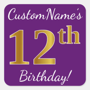 Purple, Faux Gold 12th Birthday + Custom Name Square Sticker