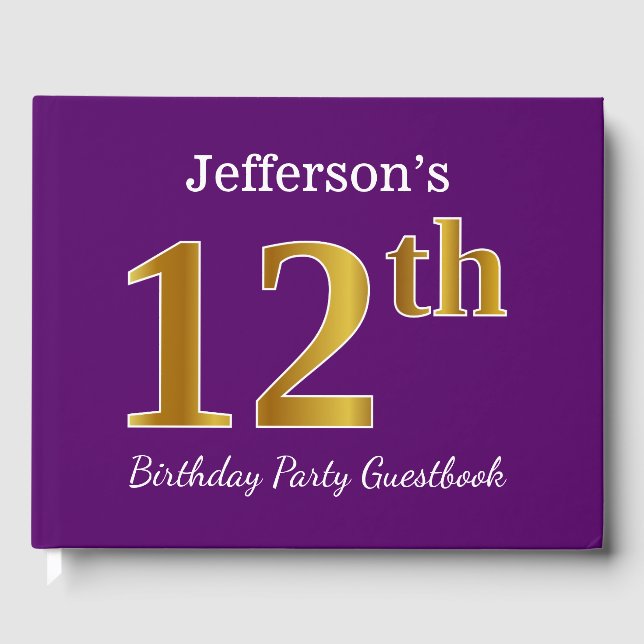 Purple, Faux Gold 12th Birthday Party; Custom Name Guest Book (Front)