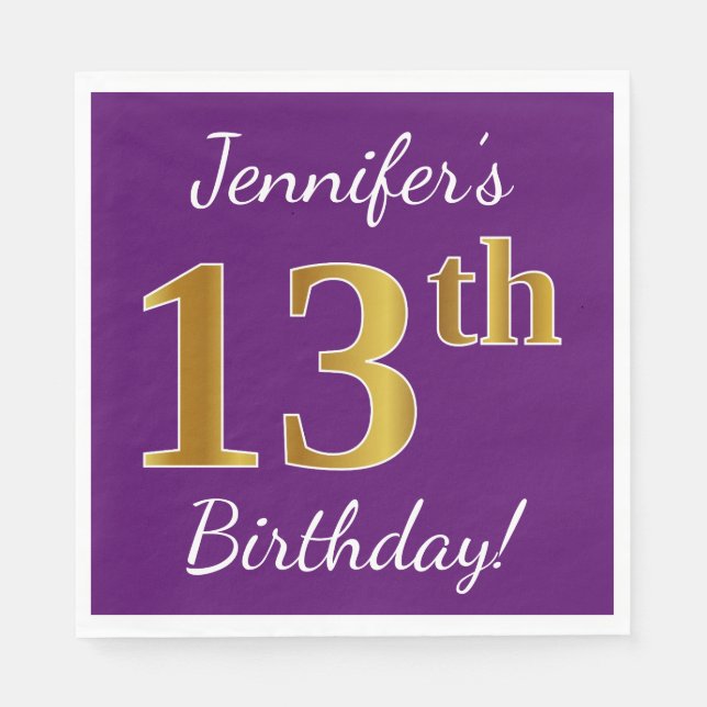 Purple, Faux Gold 13th Birthday + Custom Name Napkin (Front)