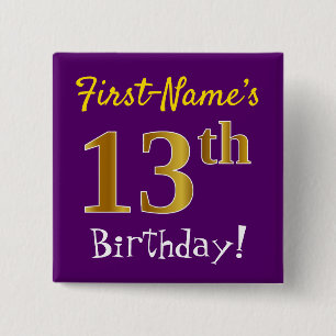 Purple, Faux Gold 13th Birthday, With Custom Name 15 Cm Square Badge