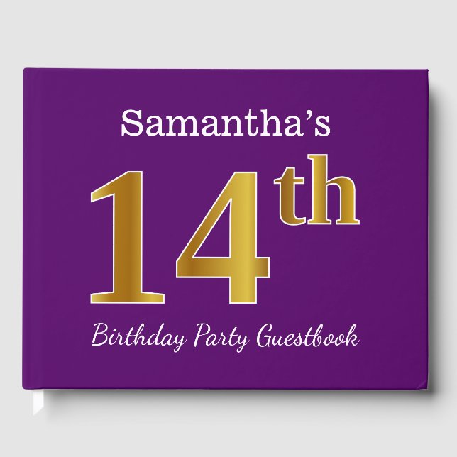 Purple, Faux Gold 14th Birthday Party; Custom Name Guest Book (Front)