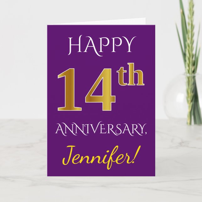 Purple, Faux Gold 14th Wedding Anniversary + Name Card (Front)