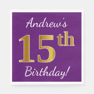 Purple, Faux Gold 15th Birthday + Custom Name Napkin