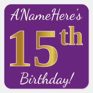 Purple, Faux Gold 15th Birthday + Custom Name Square Sticker