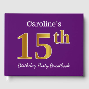 Purple, Faux Gold 15th Birthday Party; Custom Name Guest Book