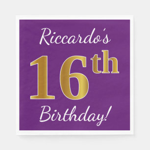 Purple, Faux Gold 16th Birthday + Custom Name Napkin