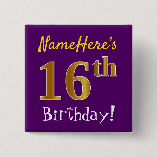 Purple, Faux Gold 16th Birthday, With Custom Name 15 Cm Square Badge