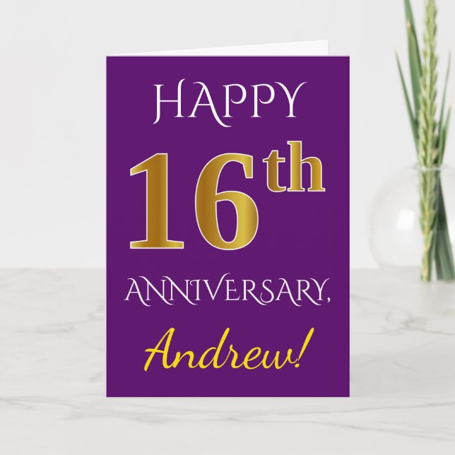 Purple, Faux Gold 16th Wedding Anniversary + Name Card (Front)