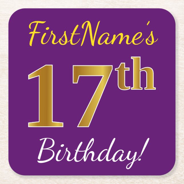 Purple, Faux Gold 17th Birthday + Custom Name Square Paper Coaster (Front)