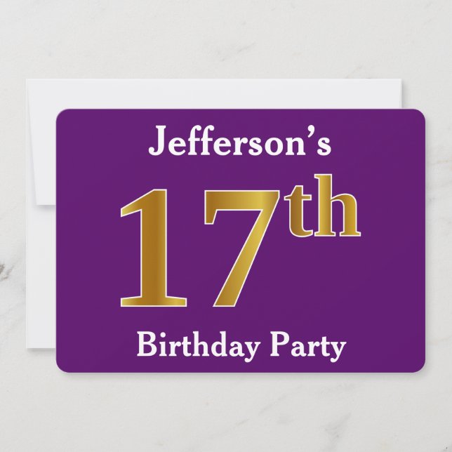 Purple, Faux Gold 17th Birthday Party; Custom Name Invitation (Front)