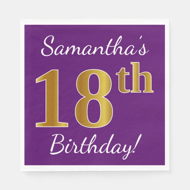 Purple, Faux Gold 18th Birthday + Custom Name Napkin (Front)