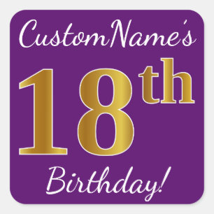 Purple, Faux Gold 18th Birthday + Custom Name Square Sticker