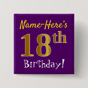 Purple, Faux Gold 18th Birthday, With Custom Name 15 Cm Square Badge