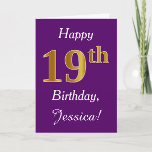 Purple, Faux Gold 19th Birthday + Custom Name Card