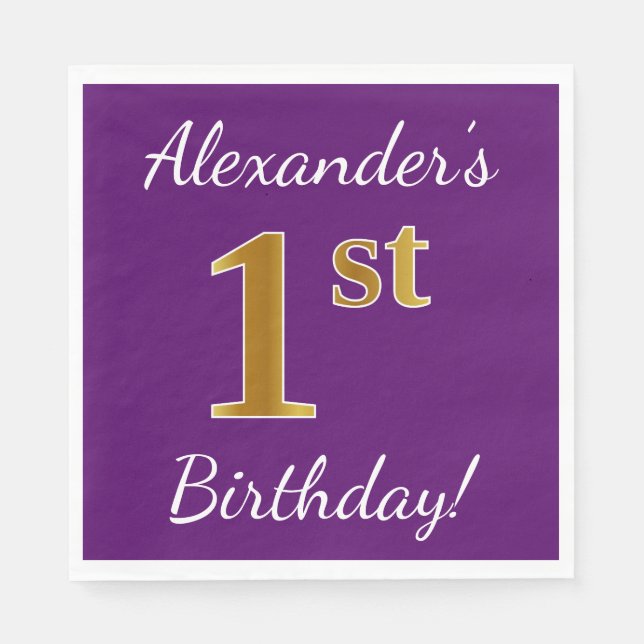 Purple, Faux Gold 1st Birthday + Custom Name Napkin (Front)