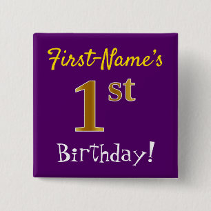Purple, Faux Gold 1st Birthday, With Custom Name 15 Cm Square Badge