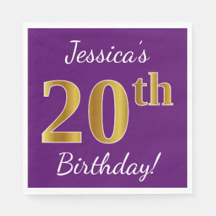 Purple, Faux Gold 20th Birthday + Custom Name Napkin