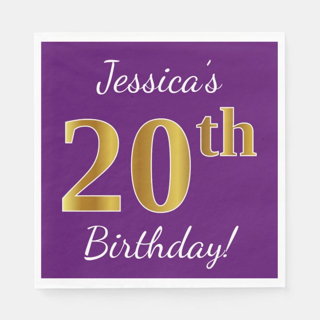 Purple, Faux Gold 20th Birthday + Custom Name Napkin (Front)