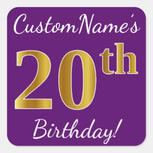Purple, Faux Gold 20th Birthday + Custom Name Square Sticker
