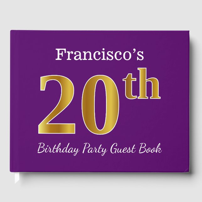 Purple, Faux Gold 20th Birthday Party; Custom Name Guest Book (Front)