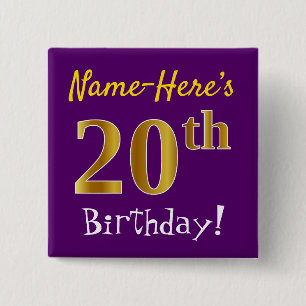 Purple, Faux Gold 20th Birthday, With Custom Name 15 Cm Square Badge