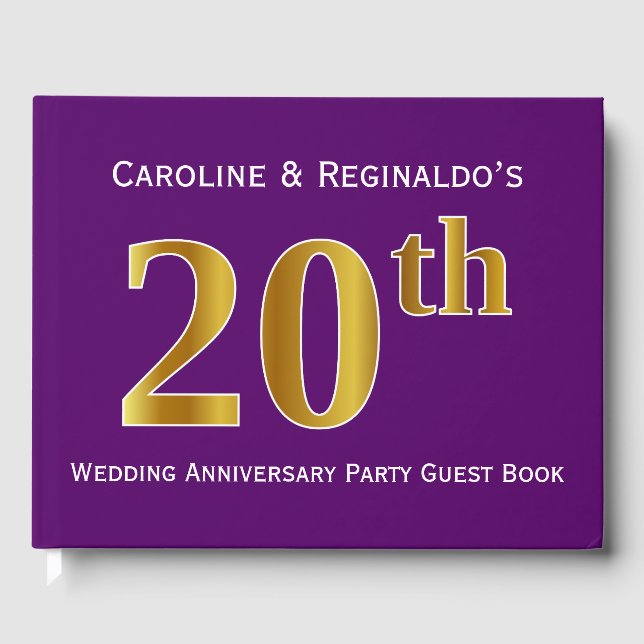 Purple, Faux Gold 20th Wedding Anniversary Party Guest Book (Front)