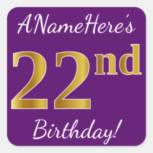 Purple, Faux Gold 22nd Birthday + Custom Name Square Sticker