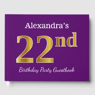 Purple, Faux Gold 22nd Birthday Party; Custom Name Guest Book