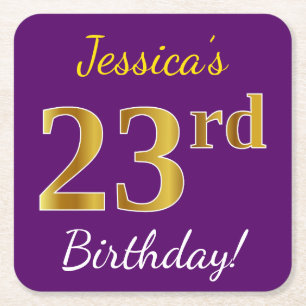 Purple, Faux Gold 23rd Birthday + Custom Name Square Paper Coaster